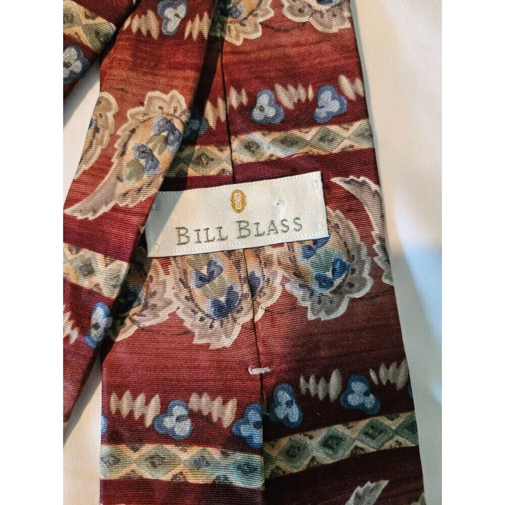 Bill Blass‎ Necktie Tie 100% Silk Burgundy And Blue Pattern